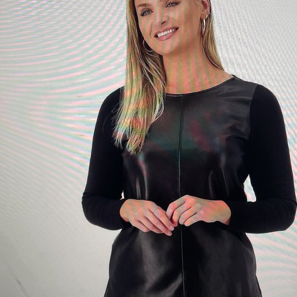 LIV Milano Womens Small Black Faux Leather & Knit Long Sleeve Top